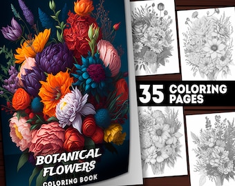 35 Printable Botanical Coloring Pages, Coloring Book, Adults + Kids, Grayscale Coloring, Instant Download, A4 and US-Letter Size, PDF