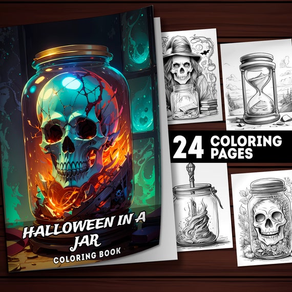 24 Vintage Halloween In A Jar Coloring Pages, Vintage Halloween Coloring Book for Adults, Instant Download Grayscale Printable PDF Coloring