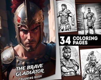 34 Brave Gladiator Coloring Pages, Fierce Gladiator Coloring Book for Adults and Kids Grayscale Coloring, Instant Download, Printable PDF