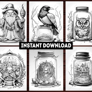 May include: Six black and white illustrations of various objects inside glass jars. The jars contain a wizard, a crow, an owl, a pentagram, a house, and a skull with roses.