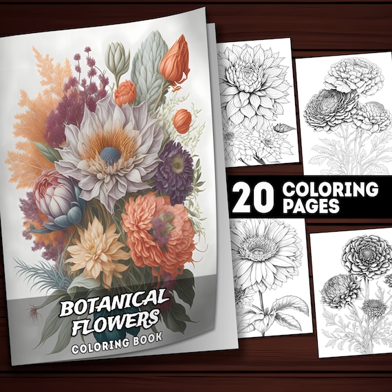 20 Printable Botanical Coloring Pages, Flower Coloring Book for Adults and Kids, Grayscale Coloring, Instant Download, PDF