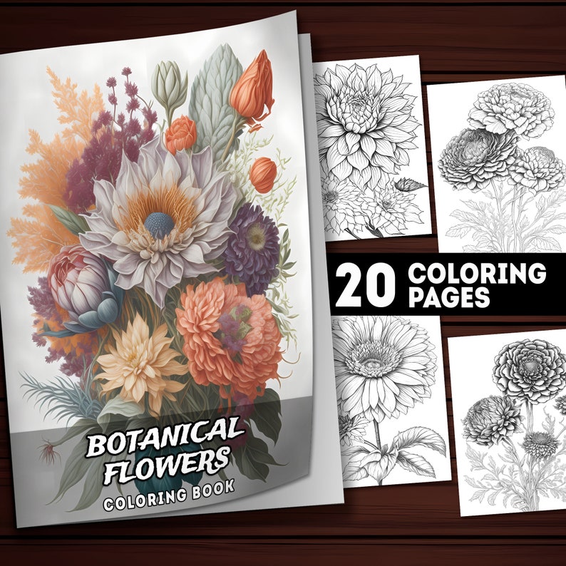 May include: A coloring book cover featuring a bouquet of colorful flowers with the title "Botanical Flowers Coloring Book" and the text "20 Coloring Pages".
