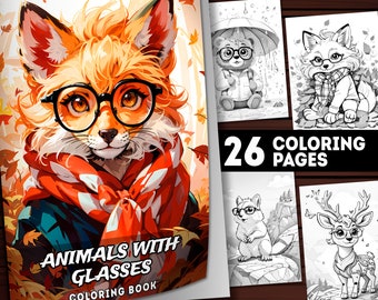 26 Fall Animals With Glasses Coloring Pages, Fall Animals Coloring Book, Instant Download Grayscale Printable Adults and Kids PDF Coloring