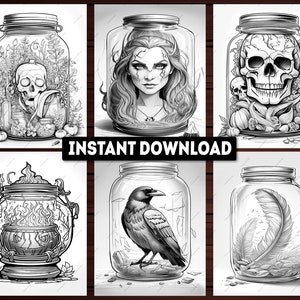 May include: Six black and white illustrations of jars with various objects inside. The jars are all mason jars with a wide mouth and a lid. The objects inside the jars include a skull, a woman's face, a raven, a feather, a cauldron with flames, and a skull with flowers. The illustrations are all in a vintage style.