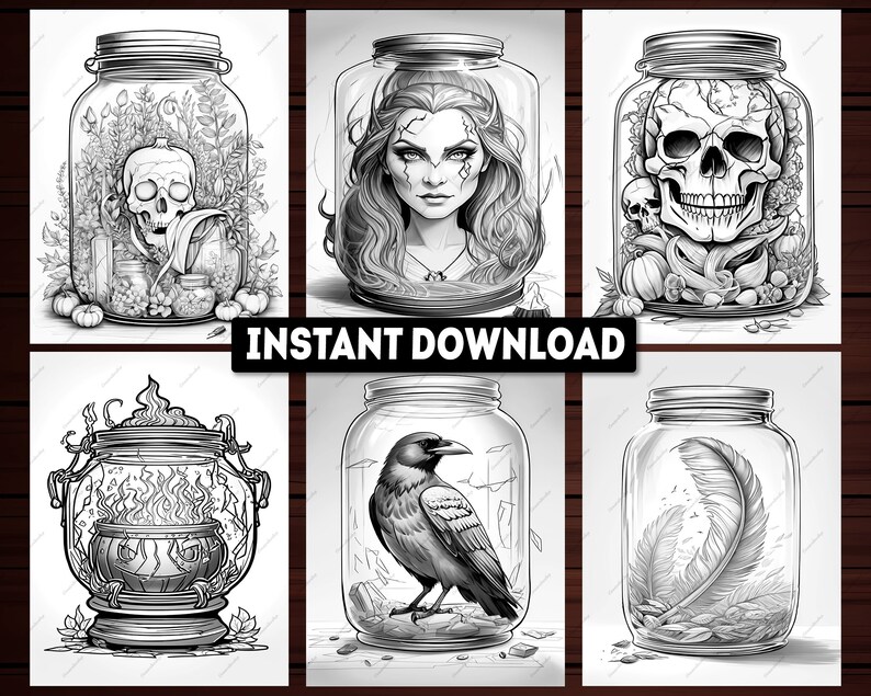 May include: Six black and white illustrations of jars with various objects inside. The jars are all mason jars with a wide mouth and a lid. The objects inside the jars include a skull, a woman's face, a raven, a feather, a cauldron with flames, and a skull with flowers. The illustrations are all in a vintage style.