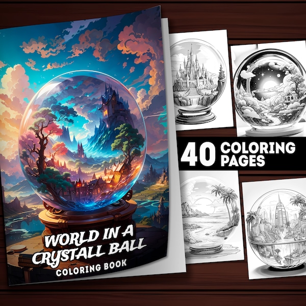 40 pages de coloriage du monde dans une boule de cristal, livre de coloriage du monde magique pour adultes et enfants, téléchargement instantané PDF imprimable en niveaux de gris, cadeau