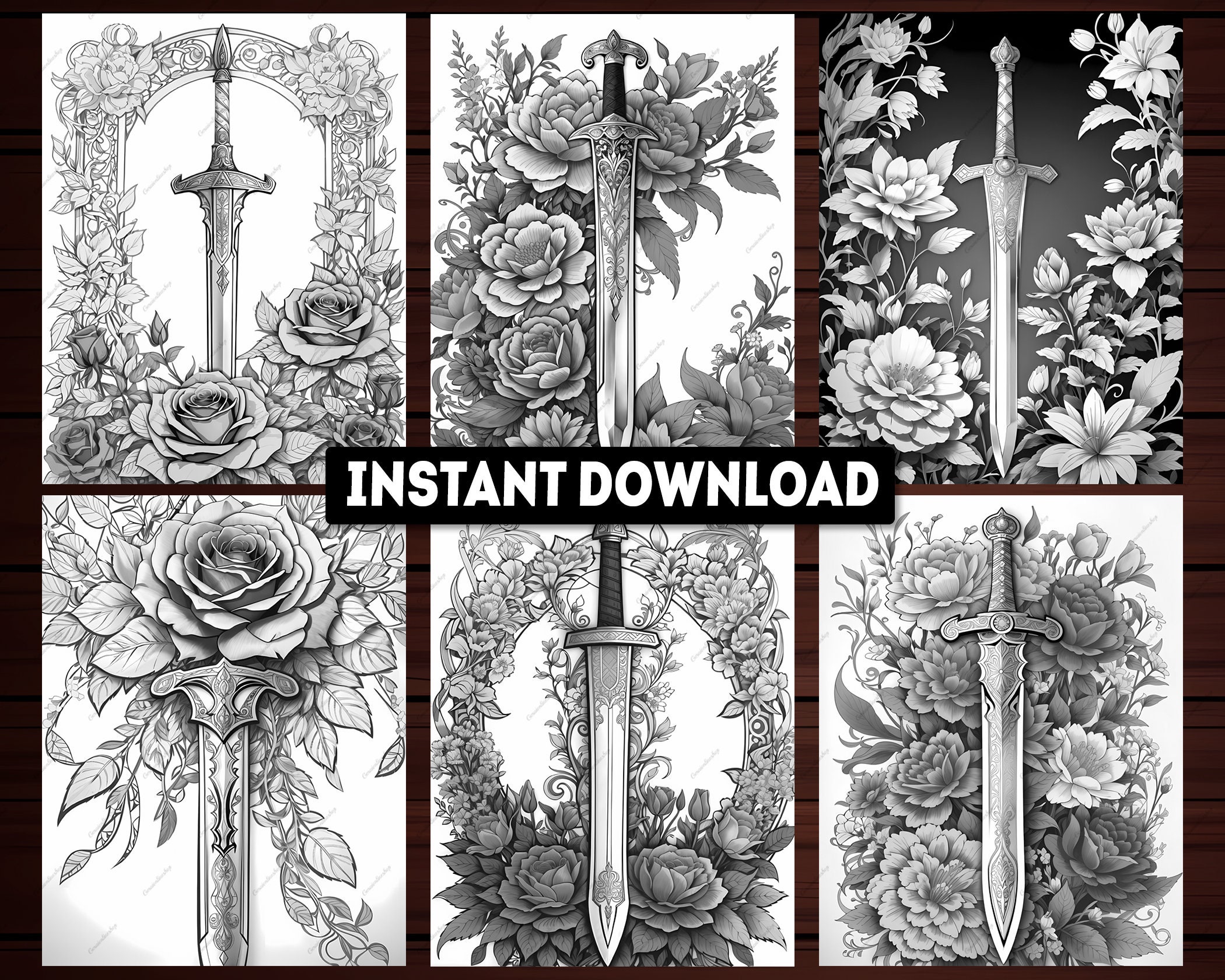 Sword With Roses Printable 31 Sword and Flower Coloring Pages, Floral Sword Coloring Book, Adults ...