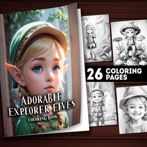 26 Adorable Elf Coloring Pages, Cute Elf Coloring Book, Adults and Kids, Instant Download Grayscale Printable PDF Coloring, Grayscale Elves