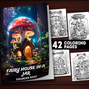 42 Fairy House In a Jar Coloring Pages, Mushroom House Coloring Book, Adults and Kids, Instant Download Printable  Grayscale PDF Coloring