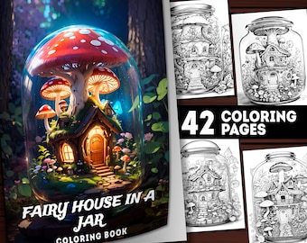 42 Fairy House In a Jar Coloring Pages, Mushroom House Coloring Book, Adults and Kids, Instant Download Printable  Grayscale PDF Coloring