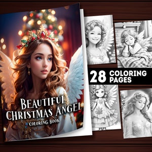 28 Christmas Angel Coloring Pages, Christmas Angel Coloring Book, Adults and Kids, Instant Download Grayscale Printable PDF Coloring, Gift