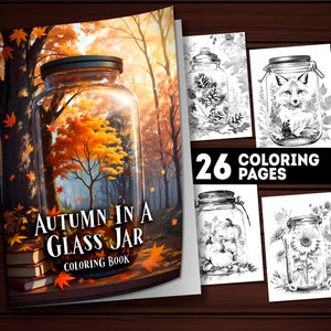 26 Autumn In A Jar Coloring Pages, Fall Coloring Pages Printable Grayscale, Fall Coloring Book for Adults and Kids, Instant Download
