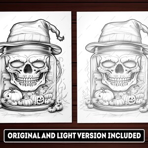 May include: A black and white illustration of a skull inside a glass jar with a witch's hat on top. The jar is filled with small pumpkins.