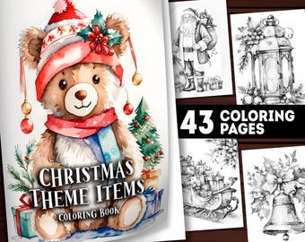 43 Printable Christmas Coloring Pages, Christmas Theme Items Coloring Book Adults and Kids, Instant Download Grayscale Coloring PDF, Gift