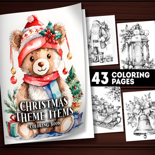 43 Printable Christmas Coloring Pages, Christmas Theme Items Coloring Book Adults and Kids, Instant Download Grayscale Coloring PDF, Gift