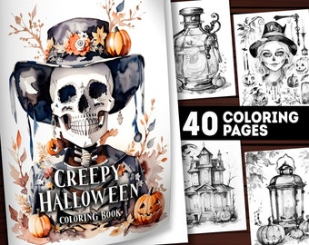40 páginas para colorear espeluznantes de Halloween imprimibles, libro para colorear espeluznante de Halloween para adultos y niños, descarga instantánea de PDF para colorear en escala de grises, regalo