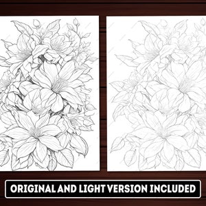 May include: A black and white line drawing of a bouquet of flowers. The flowers are arranged in a cluster and include various types of flowers, such as roses, lilies, and daisies. The drawing is detailed and intricate, with delicate lines and shading.