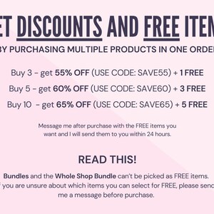 May include: Pink and white graphic with the text "GET DISCOUNTS AND FREE ITEMS" and "BY PURCHASING MULTIPLE PRODUCTS IN ONE ORDER".  The graphic lists discounts for purchasing 3, 5, or 10 items, with corresponding discount codes and free items.