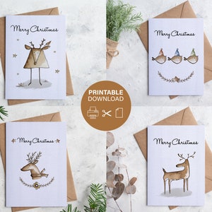 Digitale Weihnachtskarten | Druckbare Postkarten | Sofortdownload | 4er Bündel | Niedliche Tiere | Kaffee Gemälde | Kreatives Designen