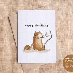 Cartão de feliz aniversario | Imprimível | Download digital | Pintura de café | Gato fofo | Ilustração criativa | Desenhos Originais