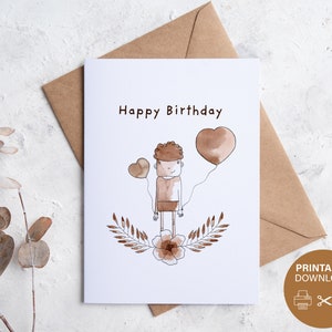 aniversário cartão postal | Cartão Digital | Imprimível | Download instantâneo | Cartões fofos | Desenhos Originais | Presente de arte | Pintar obras de arte