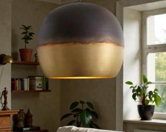 Oxidized Bowl Brass Pendant Light: Gold and Black Dome Ceiling Lights, Bohemian Decor Lighting.