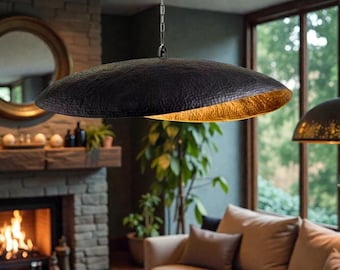 Black Brass Leaf Pendant light, Lotus hanging lamp, Bohemian ceiling light, Hammered Botanical Chandelier, Silhouette kitchen Island light.