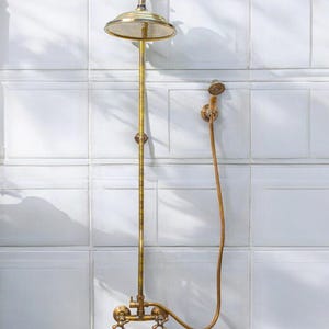 Brass Shower System, Unlaquered Brass Shower System, Wall Mount Rain Drop Shower System with Hand Shower