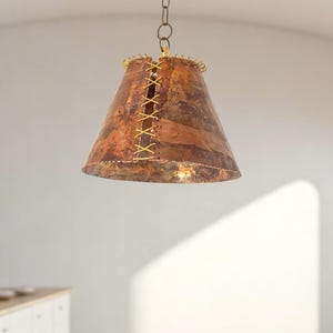 Rustic Hanging Lamp, Farmhouse Lighting Fixture, Handcrafted Stitches Oxidized Copper Pendant Light, Art Deco Lampshade