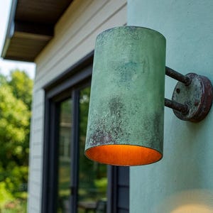 Oxidized Copper Wall Sconce :Green Cylindrical  Outdoor Light