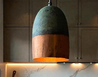 Lámpara colgante de cobre oxidado, lámpara colgante de cobre estilo granja, lámparas colgantes con pátina verde para isla de cocina, lámpara de techo, lámpara Art Déco