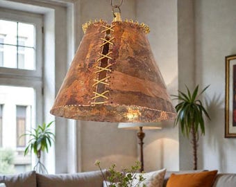 Rustic Hanging Lamp, Farmhouse Lighting Fixture, Handcrafted Stitches Oxidized Copper Pendant Light, Art Deco Lampshade