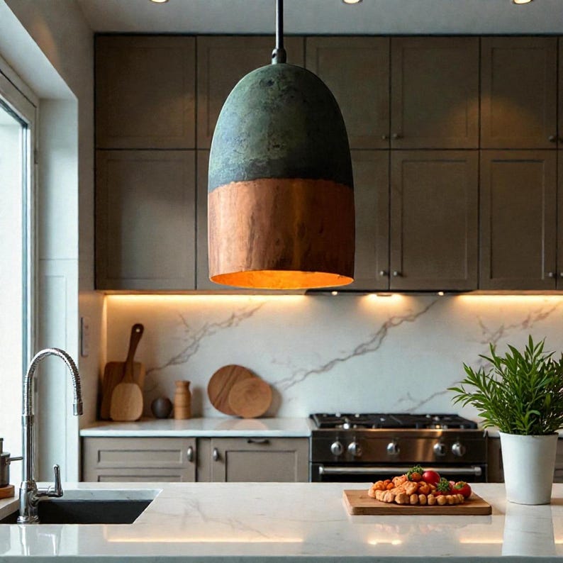 Oxidized Copper Pendant Light, Copper Farmhouse Pendant Lamp, Green Patina Hanging Lamps for Kitchen Island Ceiling Light, Art Deco Lamp image 1