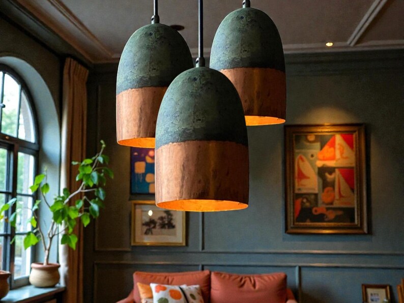 Oxidized Copper Pendant Light, Copper Farmhouse Pendant Lamp, Green Patina Hanging Lamps for Kitchen Island Ceiling Light, Art Deco Lamp image 5
