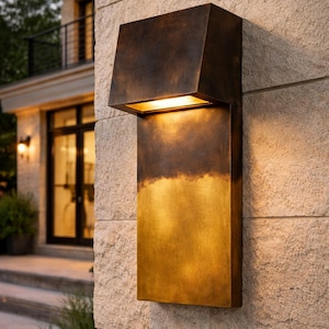 Raw Brass Wall Sconce, Half Black Patina Minimalist Wall Light Rectangular Design Lamp.