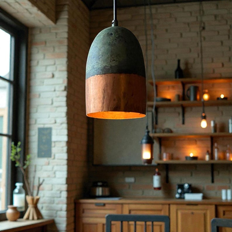 Oxidized Copper Pendant Light, Copper Farmhouse Pendant Lamp, Green Patina Hanging Lamps for Kitchen Island Ceiling Light, Art Deco Lamp image 8