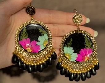 Black Beads with Real Dried Flowers Traditional Earrings | Perfect Wedding Wear Earrings | Best Birthday Gift | Traditional Jhumka Sets |