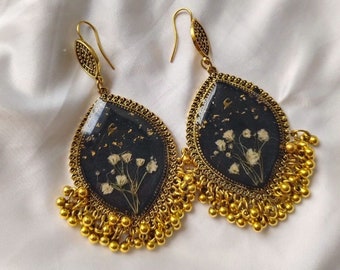 Black Opaque With Dried Flower Earrings  | Traditional Party Wear Earrings | Floral Jewelry | Traditional Jhumka | Resin Jewellery | Jhumkay