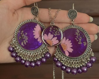 Purple Flower Resin Jhumkay and Pendant | Unique Jewellery Sets | Preserved Flower Traditional Jewellery Sets | Wedding Wear | Best Gift |
