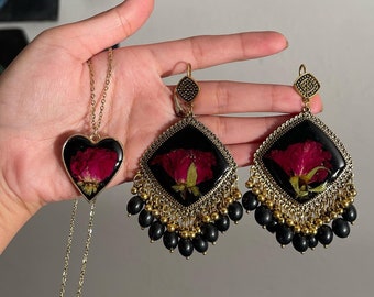 Black and Real Dried Flower Jewellery set | Beautiful Jewellery Set | Preserved Flower Traditional Jewellery Sets | Best Wedding Wear |