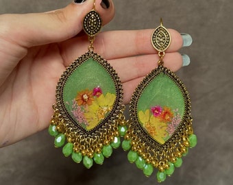 Green Beads with Real Dried Flowers Traditional Earrings | Perfect Wedding Wear Earrings | Best Birthday Gift | Traditional Jhumka Sets |
