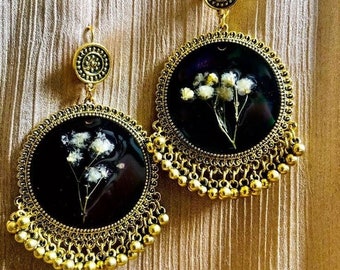 Black Opaque Color With Real Dried Flower Earring | Perfect Wedding Wear Earrings | Best Wedding Gift | Floral Unique Jhumkay Sets |