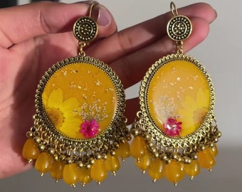 Yellow Beads with Real Dried Flowers Traditional Earrings | Perfect Wedding Wear Earrings | Best Birthday Gift | Traditional Jhumka Sets |