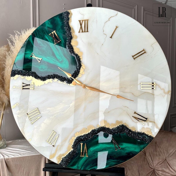 Montre murale en résine blanche et verte | Montre murale faite à la main en résine | Horloge blanche en résine unique | Meilleur cadeau pour votre ami | Meilleur cadeau d'anniversaire