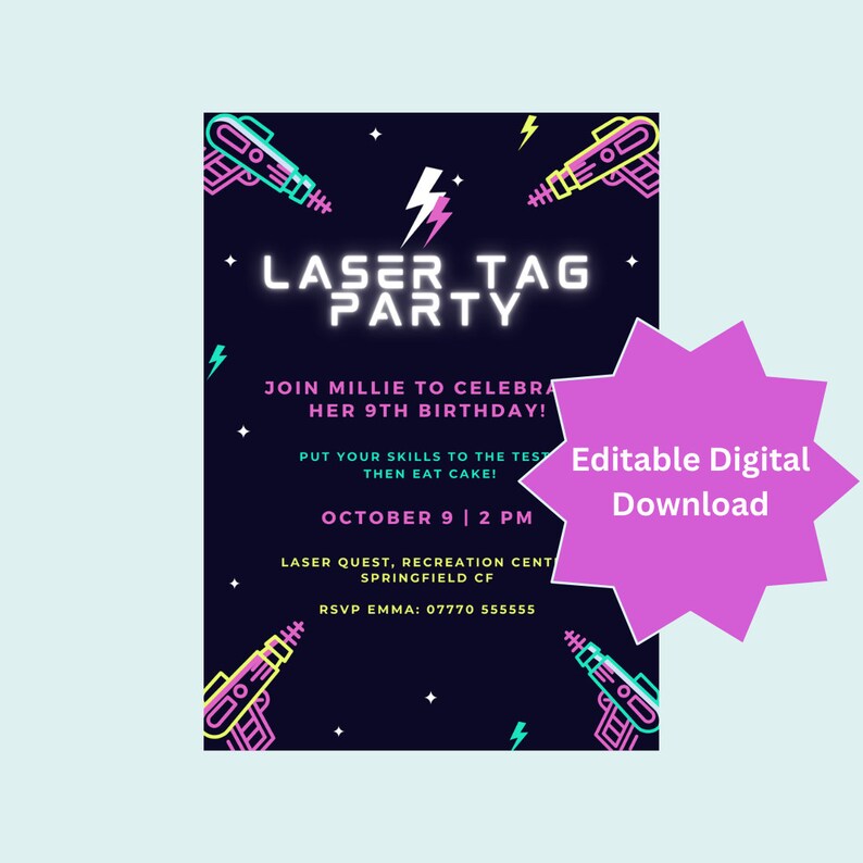 Laser Tag Party Invitation for Girls, Modern, Pink and Black Birthday Party Invitations Template ...