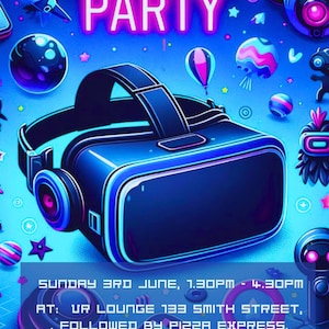 Gaming VR Geburtstagseinladung für Mädchen, Virtuelle Realität, Modern, Galaxie, Mädchen Geburtstagseinladungsvorlage, bearbeitbarer druckbarer Download