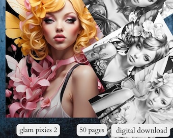 50 lutins glam, partie 2/ afdrukbare kleurplaten voor volwassenen/download grijswaardenillustraties