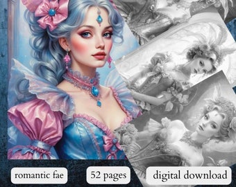 52 romantic fae/ Printable Adult Kids Coloring Pages / Download Grayscale/ Grayscale Coloring Pages / printable Grayscale / Romantic / Fairy