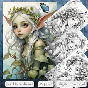 39 pastel faerie dreams/ afdrukbare kleurplaten voor volwassenen/download grijswaardenillustraties