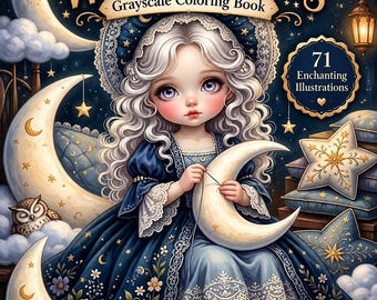 Op de afbeelding: Het grijstinten kleurboek The Wonderkeepers door Yvonne Meerstra toont op de cover een kind met lang wit haar in een donkerblauwe jurk die een halve maan naait. De scène bevat uilen, sterren, lantaarns en 71 betoverende illustraties.